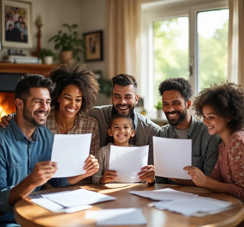 A happy, diverse family celebrating together holding their approved documents