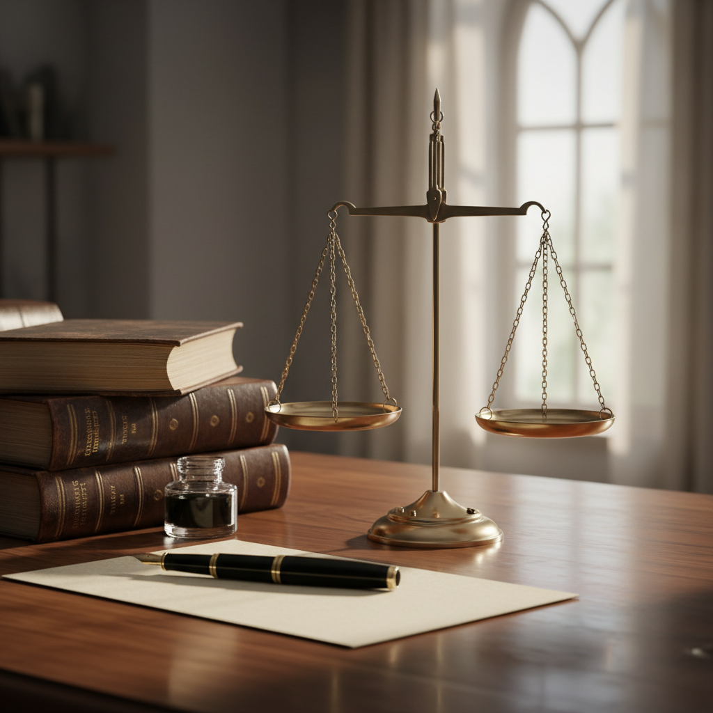 Brass scales of justice beside leather-bound law books and a fountain pen