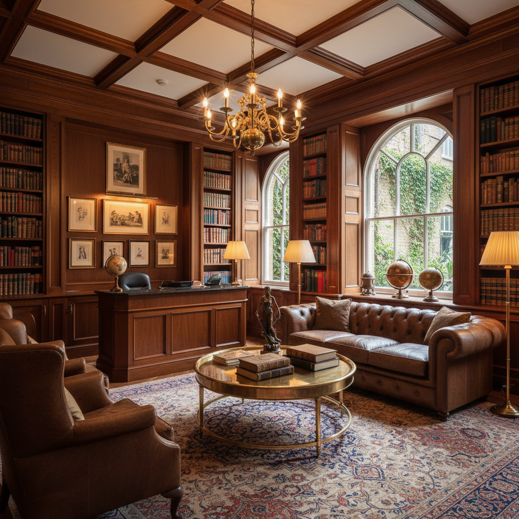 The Chelsea Solicitors library and consultation room, panelled in oak with leather seating