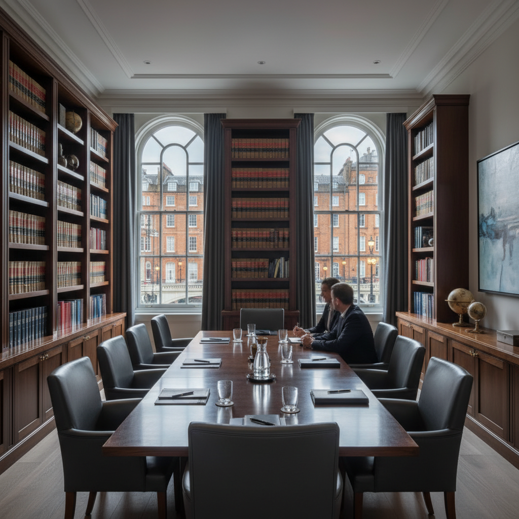 The Chelsea Solicitors boardroom with tall windows overlooking a London mansion block