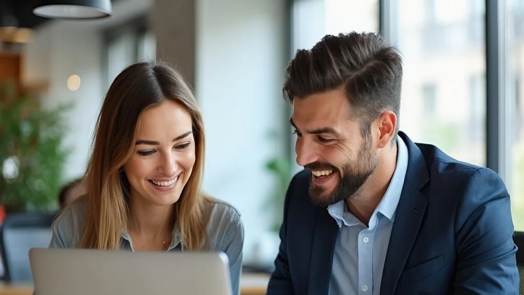 Young startup founder smiling with a modern lawyer over a laptop