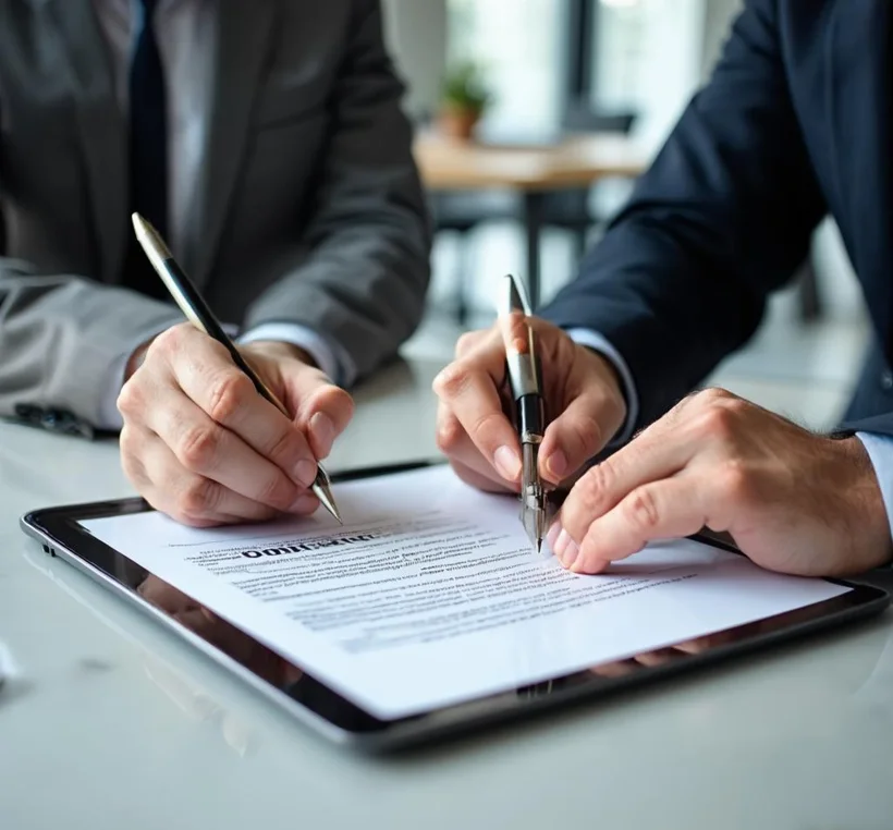 Hands signing a contract on a tablet