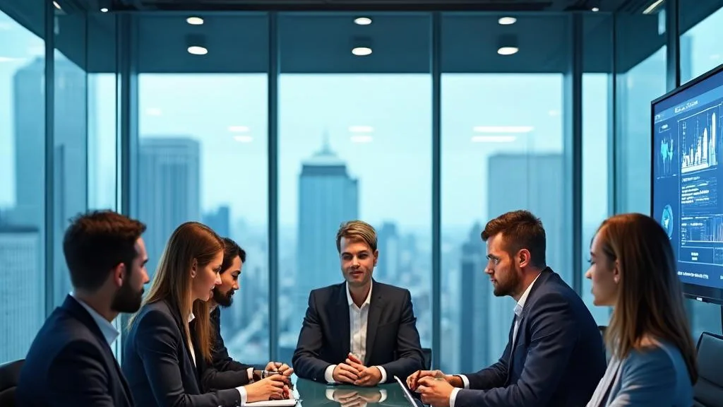 Corporate legal team in conference in a glass boardroom overlooking the city skyline