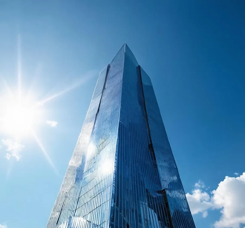 Corporate glass office tower rising against the sky