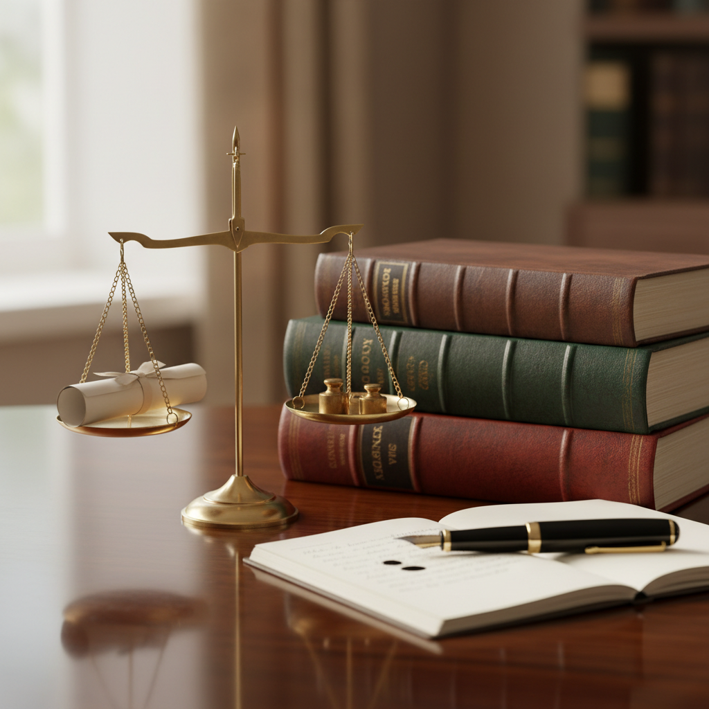 Scales of justice beside a stack of leather law books