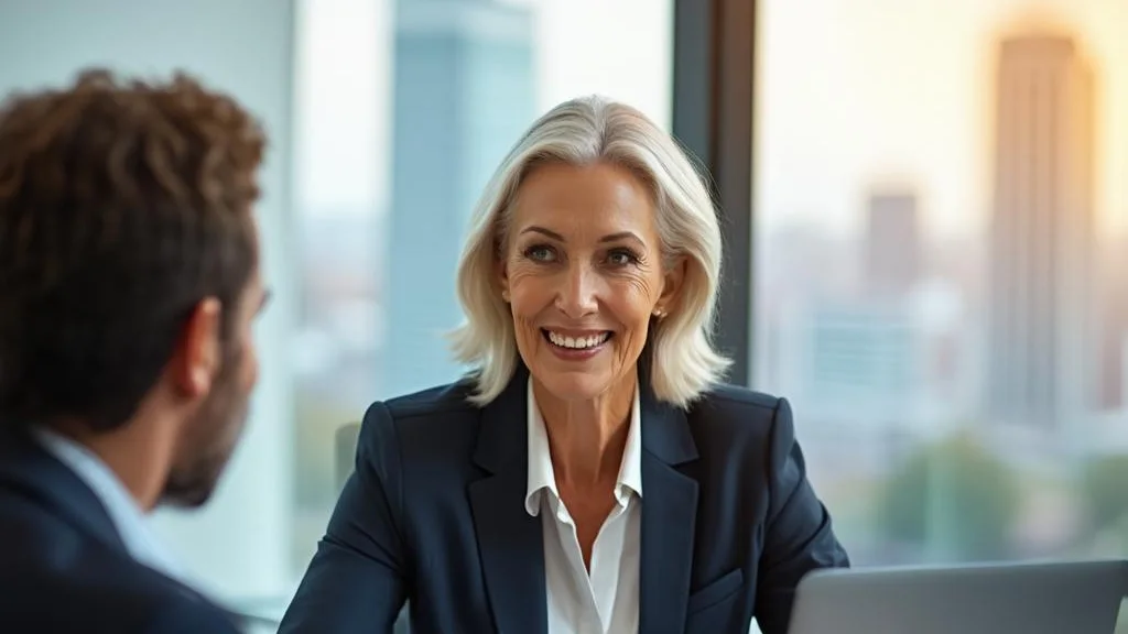 Employment lawyer advising a client across a desk in a modern office