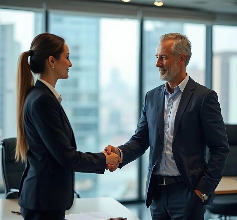 Employment lawyer and client shaking hands after reaching agreement