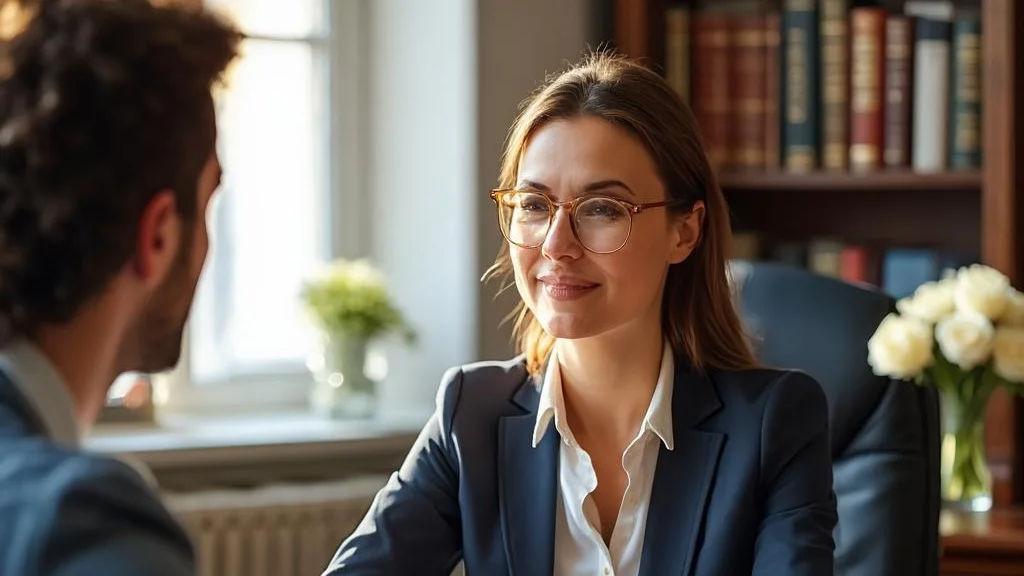 A compassionate family lawyer reassuring a client during a consultation