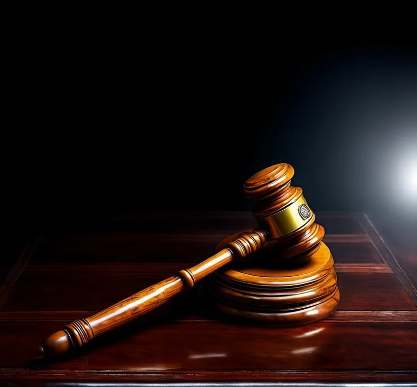 Judge's gavel resting on a dark desk