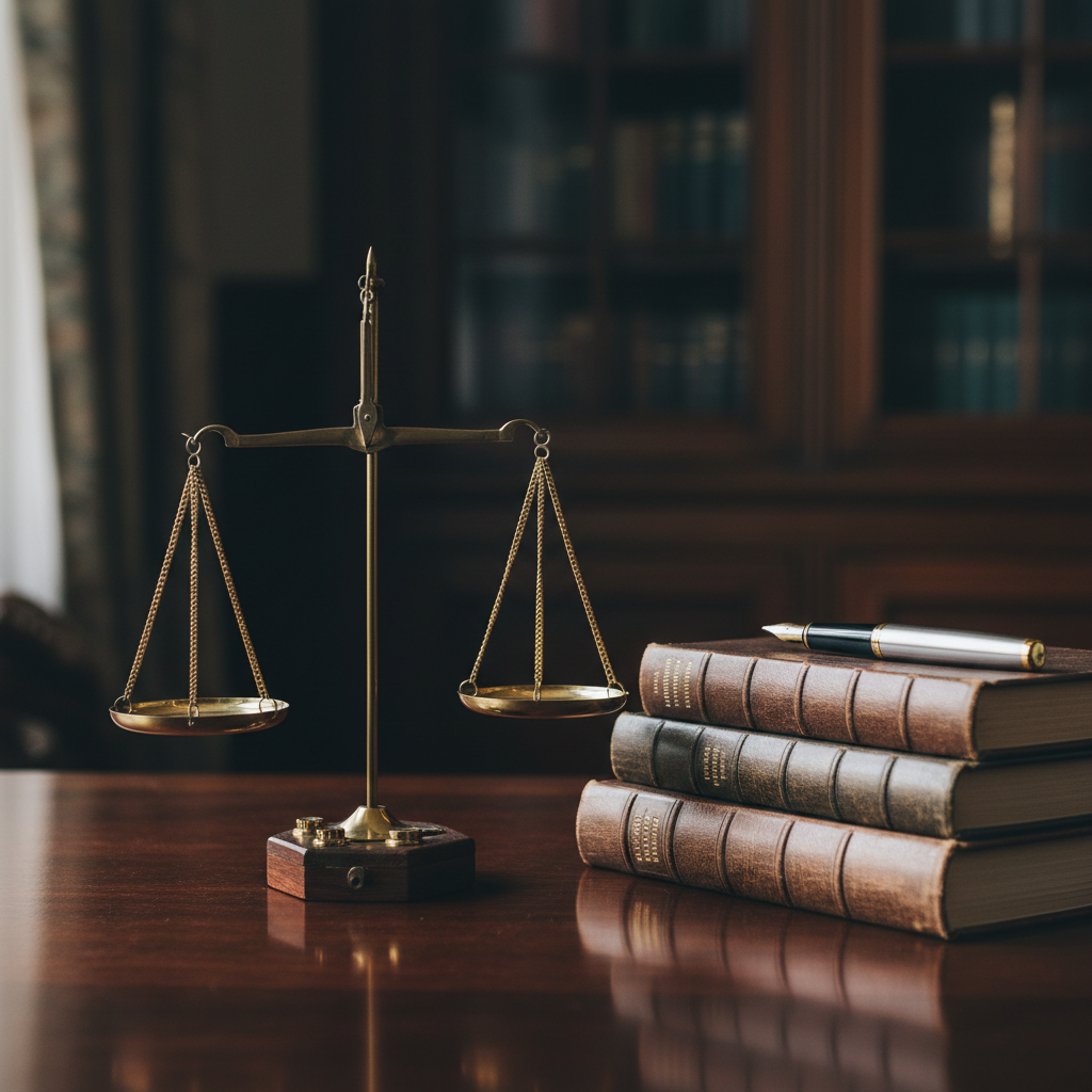 Brass scales of justice beside a stack of law books on a polished desk