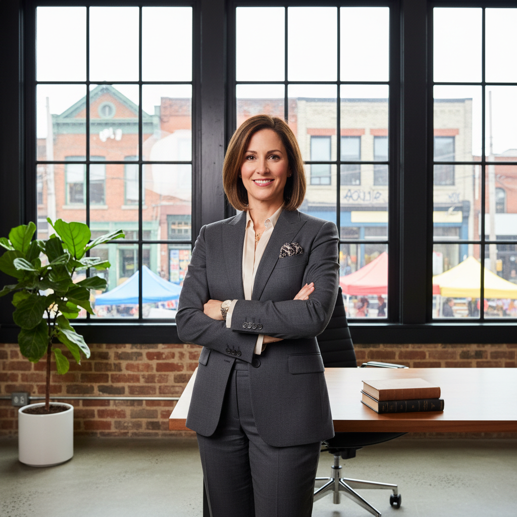 Lawyer standing in a Kensington Market loft office with the market visible through the windows