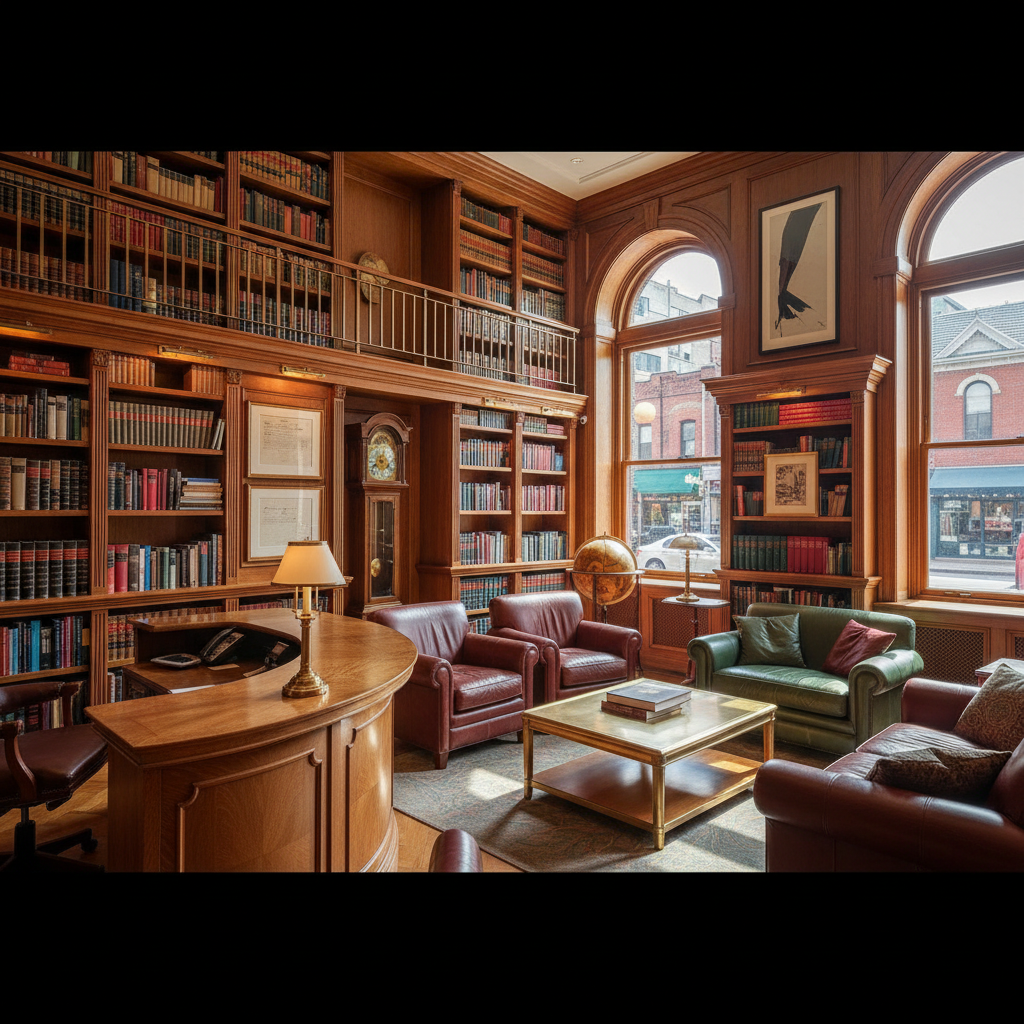 Warm wood-panelled law library inside the Kensington Law office