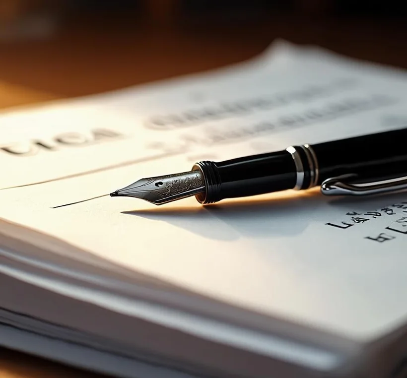 A fountain pen resting on legal documents, ready for signing