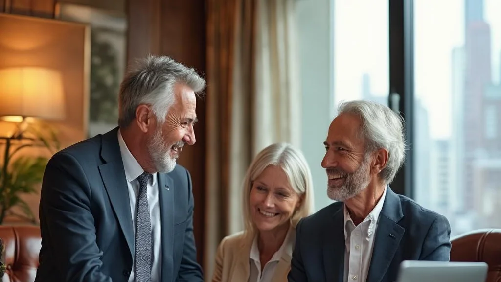 Estate-planning solicitor advising a happy mature couple across a desk