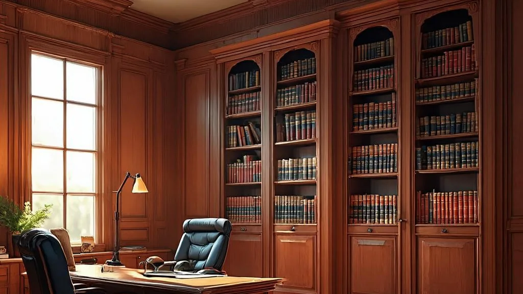 Refined traditional law office with rich wood panelling and shelves of legal books