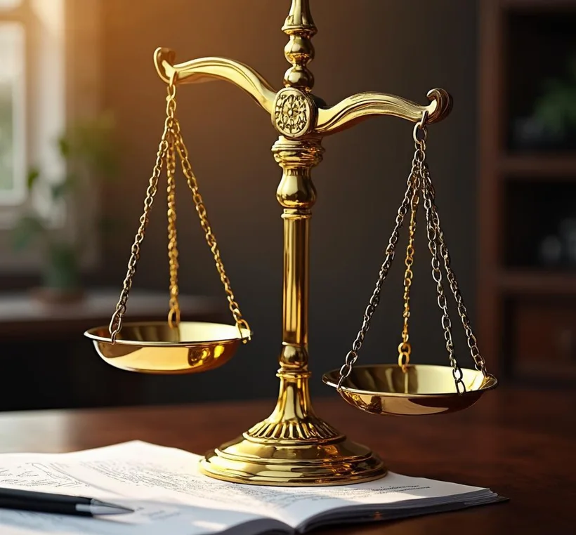 Brass scales of justice resting on a polished desk