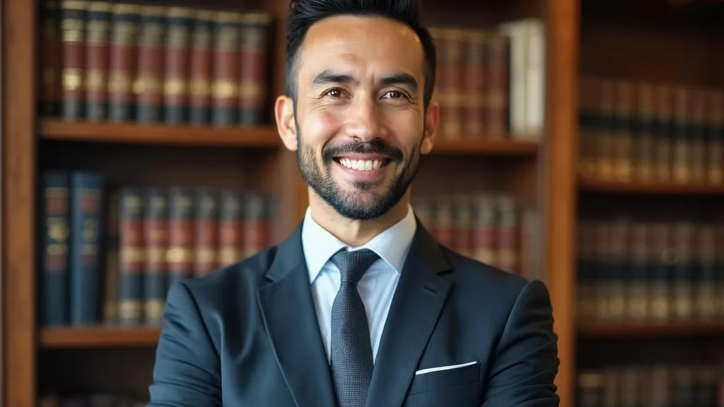 Confident personal injury lawyer standing in a prestigious wood-panelled office