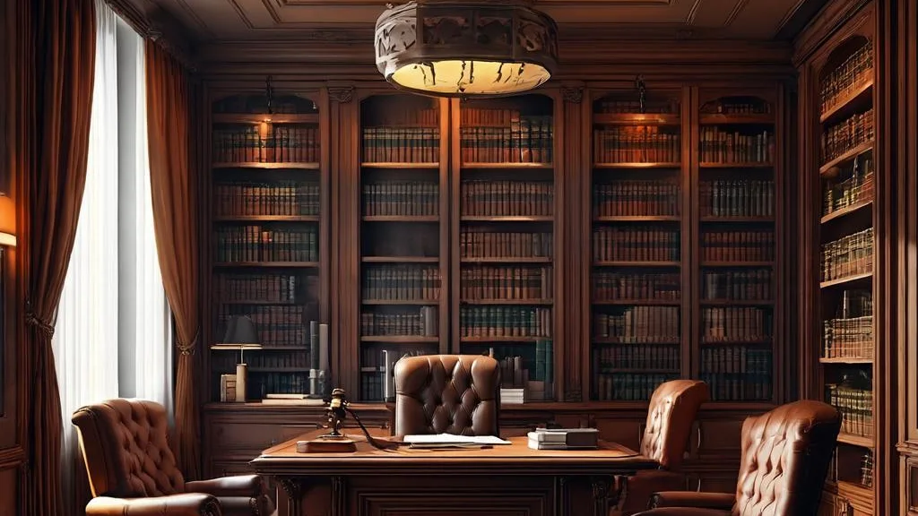 Prestigious law office interior with leather chairs and shelves of legal books